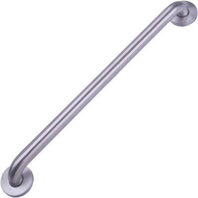 long brushed stainless steel grab bar with two round wall flanges