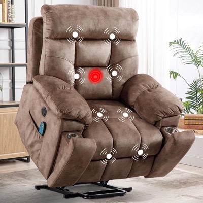 camel brown overstuffed power lift recliner with massage point graphics on the back and seat and the chair raised