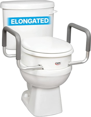 white elongated raised toilet seat with a closed lid and two gray padded metal arms on a toilet