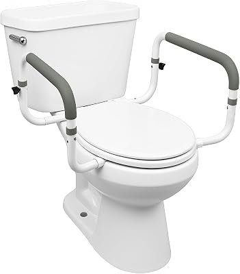 steel toilet safety frame with two cushioned gray handles