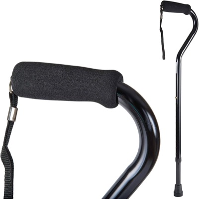 black aluminum walking cane with an offset foam handle, a wrist strap and a rubber tip