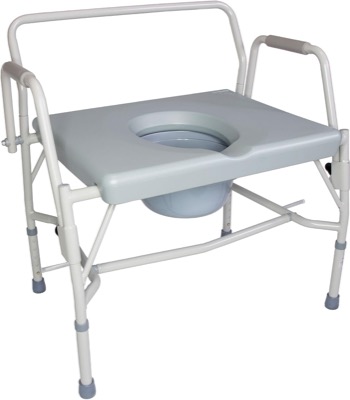 gray steel commode chair with a wide padded seat, two drop-down armrests and adjustable legs