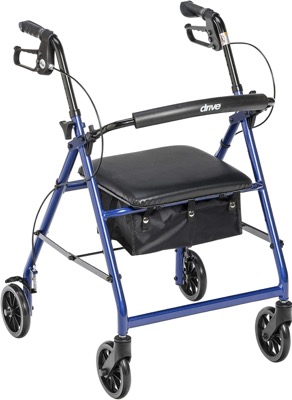 blue aluminum four-wheel rollator walker with a padded seat, a backrest strap and a bag under the seat