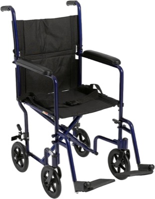 blue aluminum folding transport wheelchair with a 19 inch seat, black armrests and swing-away footrests