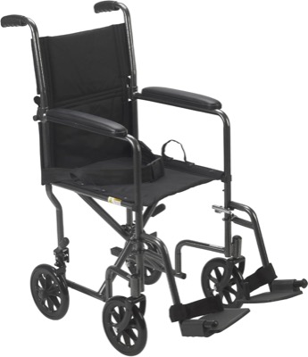 silver steel folding transport wheelchair with black upholstery, padded armrests and swing-away footrests