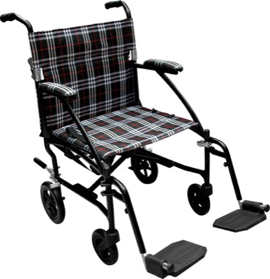 black aluminum transport wheelchair with a plaid fabric seat and back, large rear wheels and swing-away footrests