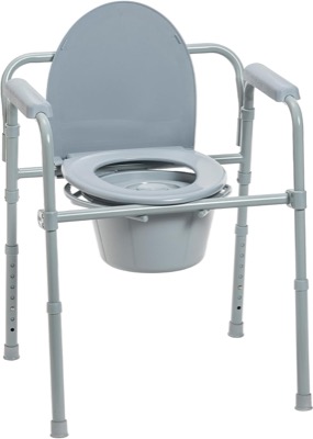 gray folding steel commode chair with a closed plastic lid, padded armrests and a pail under the seat