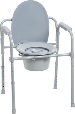 gray steel commode chair with a closed lid, plastic armrests and adjustable steel legs