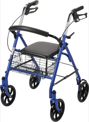 blue four-wheel rollator walker with a black padded seat, a wire basket and two hand brakes