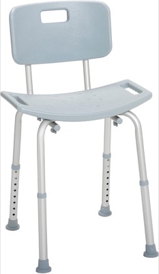 gray bath chair with a molded backrest, a contoured seat with hand slots and adjustable aluminum legs