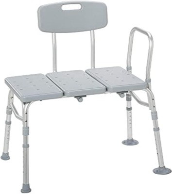 gray plastic tub transfer bench with a molded backrest, a side handle and four adjustable aluminum legs