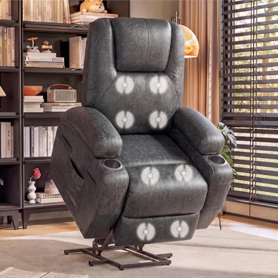 dark leatherette power lift recliner with a tilted seat and a raised footrest