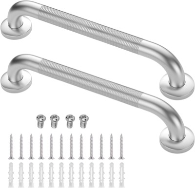 two knurled stainless steel grab bars shown with screws and plastic wall plugs below them