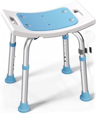white shower stool with a light blue padded cushion and blue rubber feet on adjustable aluminum legs