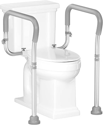 aluminum toilet safety rails with padded armrests fixed to the sides of a toilet