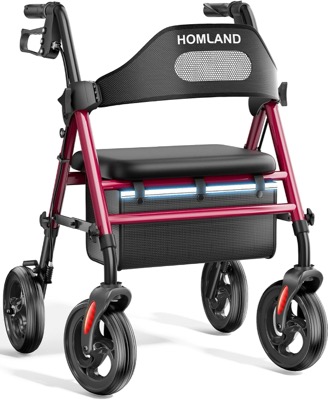 red foldable rollator walker with a wide cushioned seat, a backrest, loop brakes and a storage bag