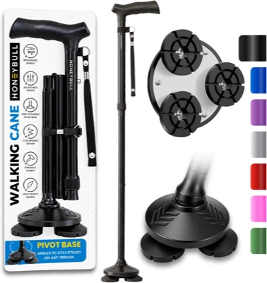 black foldable walking cane with a curved handle, a wrist strap and a wide three-tipped base