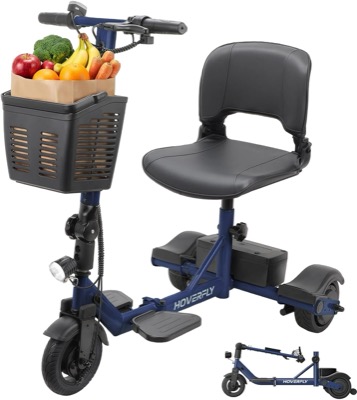 black and blue three-wheel mobility scooter with a padded seat, a basket and a footboard