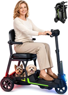 black and green three-wheel folding mobility scooter with glowing light strips, a dog basket and a folded copy at top right