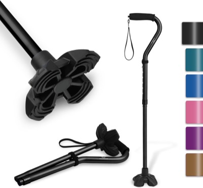 black offset cane with a foam handle and wrist strap, a close view of its four-tipped base and a folded cane