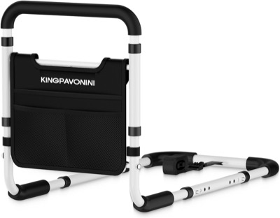 white metal bed assist rail with a padded curved handle and a long horizontal bar that slides under a mattress