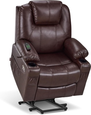 dark brown faux leather power lift recliner with padded arms and cup holders