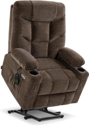 large brown fabric power lift recliner with thick padded arms and a tall back
