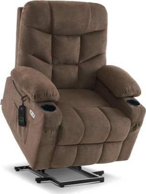 brown fabric power lift recliner with padded arms, cup holders in the armrests and the seat raised on a lift base