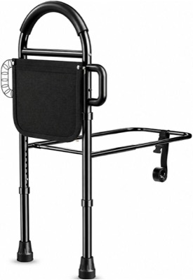 black bed assist rail with a handle and a storage pouch attached beside a bed