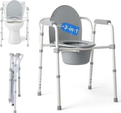 gray steel folding commode with an elongated seat, a closed lid, armrests and a pail below