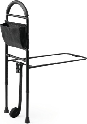 black steel bed assist bar with a padded handle that slides under a mattress and a storage bag