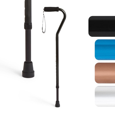black aluminum walking cane with a curved offset foam handle and a wrist strap