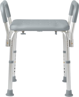 gray backless shower stool with two upright padded armrests and adjustable aluminum legs