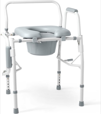 white steel commode chair with a padded gray seat, one lowered side arm and a tall back handle
