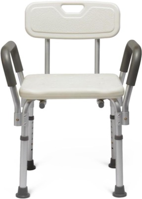 white shower chair with a molded back, padded gray armrests and adjustable aluminum legs