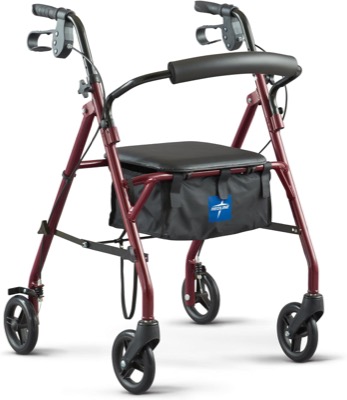 burgundy steel rollator walker with a padded seat and backrest, hand brakes and a bag under the seat