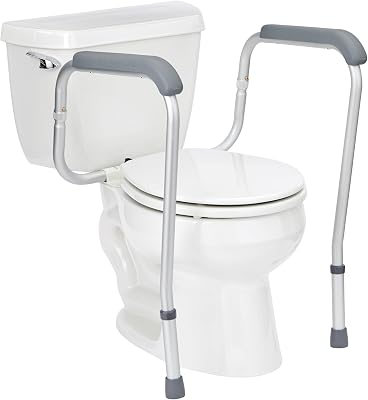 aluminum toilet safety frame with two gray padded arms standing around a white toilet