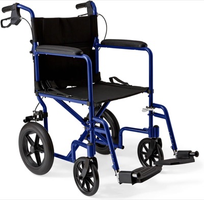 blue aluminum folding transport wheelchair with black upholstery, large rear wheels and hand brakes on the push handles