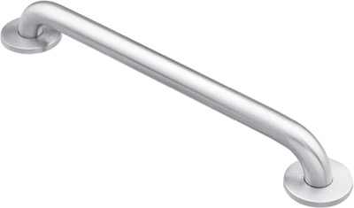 long brushed stainless steel grab bar with a round end plate at each end