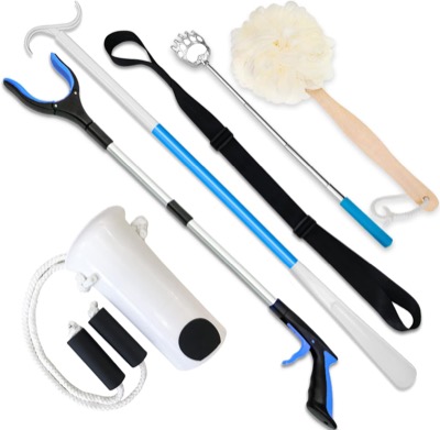 six dressing aids laid out: a reacher, a sock aid, a shoehorn and dressing stick, a leg lifter, a back scratcher and a loofah