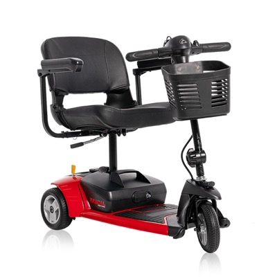 red three-wheel mobility scooter with a padded seat, armrests, a front basket and a handlebar console