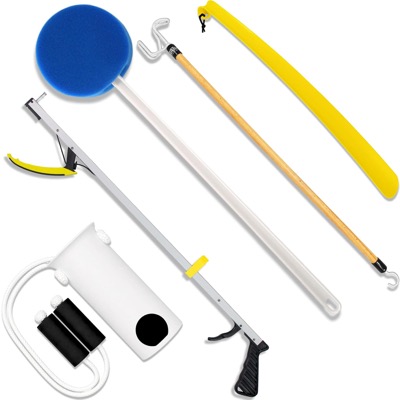 five long-handled dressing aids laid out: a reacher, a sock aid, a dressing stick, a sponge and a shoe horn