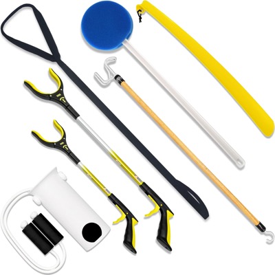 seven dressing aids laid out: two reachers, a leg lifter strap, a sock aid, a dressing stick, a sponge and a shoe horn
