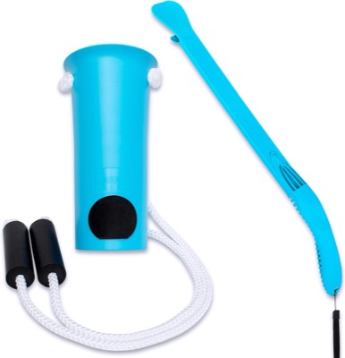 two-piece kit with a white plastic sock aid with cords and a long sock remover with a hook