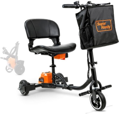 black foldable three-wheel mobility scooter with a padded seat, a front basket and a handlebar