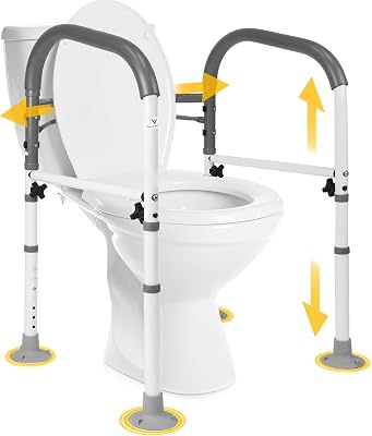 gray foldable toilet safety frame with padded handles beside a toilet