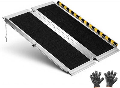 folding aluminum wheelchair ramp with a black non-slip surface, side baffles and a yellow warning strip