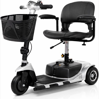 blue and black three-wheel mobility scooter with a padded seat with armrests, a handlebar console and a basket