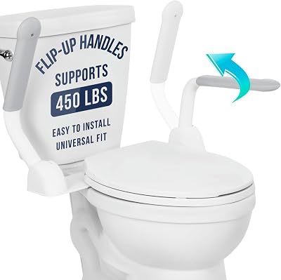 white toilet safety rail with two flip-up padded armrests attached to the back of a toilet