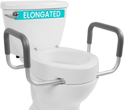 white elongated toilet seat riser with two gray padded aluminum handles mounted on a toilet